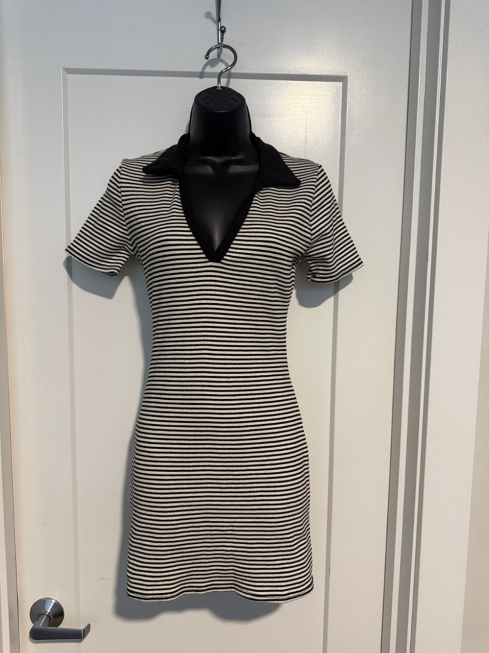 Striped V-Neck Polo Collar Mini Dress in Black and White